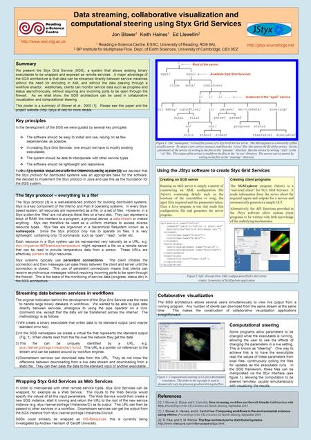 Data streaming, collaborative visualization and computational steering using Styx Grid Services Jon Blower 1 Keith Haines 1 Ed Llewellin 2 1 Reading e-Science.