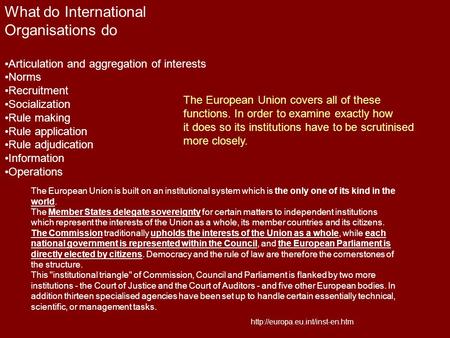 What do International Organisations do Articulation and aggregation of interests Norms Recruitment Socialization Rule making Rule application Rule adjudication.