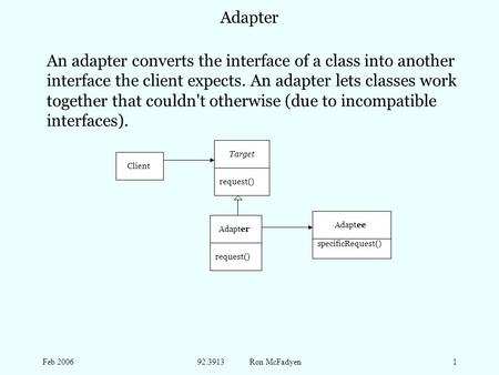 Feb 200692.3913 Ron McFadyen1 Adapter An adapter converts the interface of a class into another interface the client expects. An adapter lets classes work.