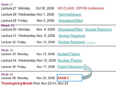 Week 11 Lecture 27 Monday, Oct 30, 2006 NO CLASS : DPF06 conference Lecture 28 Wednesday, Nov 1, 2006 GammaDecaysGammaDecays Lecture 29 Friday, Nov 3,