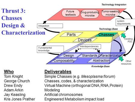 Thrust 3: Chasses Design & Characterization Who Deliverables Tom Knight Simple Chasses (e.g. Mesoplasma florum) George ChurchChasses, codes, & characterization.