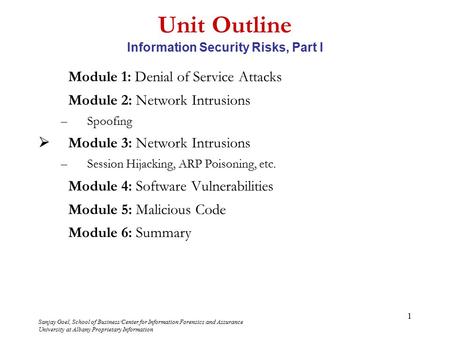 Sanjay Goel, School of Business/Center for Information Forensics and Assurance University at Albany Proprietary Information 1 Unit Outline Information.