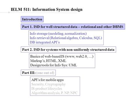 IELM 511: Information System design Introduction Part 1. ISD for well structured data – relational and other DBMS Part 2. ISD for systems with non-uniformly.