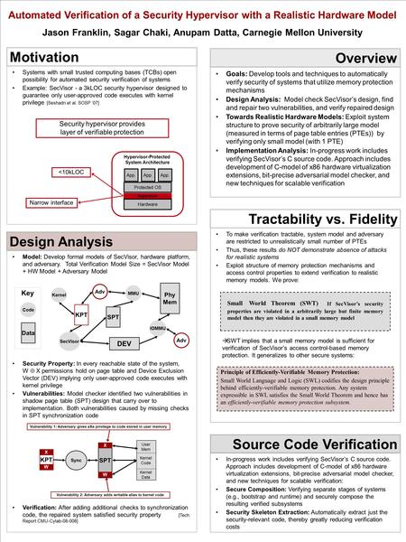 Systems with small trusted computing bases (TCBs) open possibility for automated security verification of systems Example: SecVisor - a 3kLOC security.