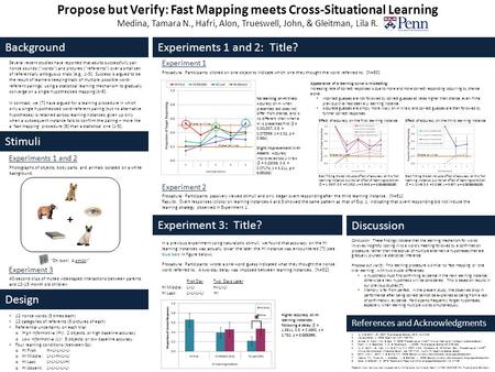 Propose but Verify: Fast Mapping meets Cross-Situational Learning Medina, Tamara N., Hafri, Alon, Trueswell, John, & Gleitman, Lila R. Background Several.