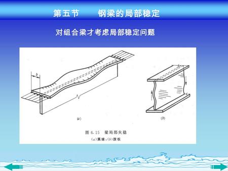 第五节 钢梁的局部稳定 对组合梁才考虑局部稳定问题. 如考虑截面部分发展塑性时，应满足： 一、翼缘板的局部稳定 二、腹板的局部稳定 采用配置加劲肋的方法来解决。 第五节 钢梁的局部稳定.