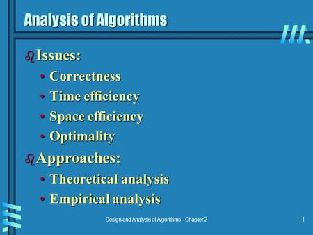 Design and Analysis of Algorithms - Chapter 21 Analysis of Algorithms b Issues: CorrectnessCorrectness Time efficiencyTime efficiency Space efficiencySpace.