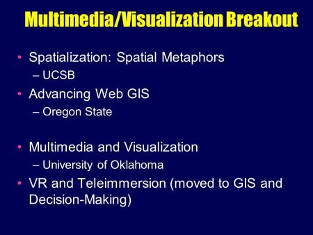 Multimedia/Visualization Breakout Spatialization: Spatial Metaphors – UCSB Advancing Web GIS – Oregon State Multimedia and Visualization – University of.