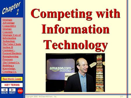 END BACKNEXT Strategic Advantage Competitive Strategy Concepts Strategic Uses of Information Technology The Value Chain Section II Customer – Focused Business.