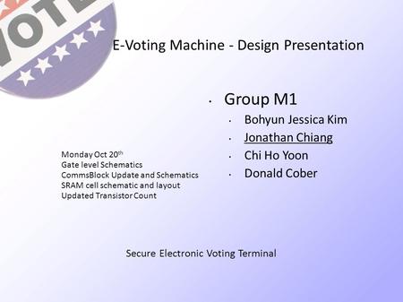 E-Voting Machine - Design Presentation Group M1 Bohyun Jessica Kim Jonathan Chiang Chi Ho Yoon Donald Cober Monday Oct 20 th Gate level Schematics CommsBlock.