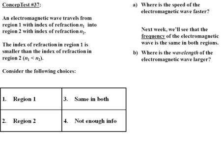 ConcepTest #37: An electromagnetic wave travels from region 1 with index of refraction n 1 into region 2 with index of refraction n 2. The index of refraction.