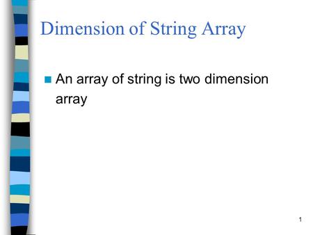 1 Dimension of String Array An array of string is two dimension array.