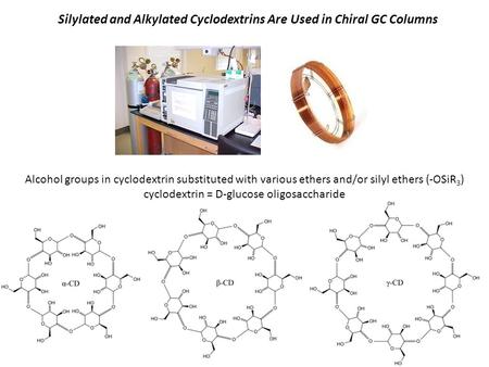 Alcohol groups in cyclodextrin substituted with various ethers and/or silyl ethers (-OSiR 3 ) cyclodextrin = D-glucose oligosaccharide Silylated and Alkylated.