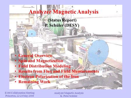 E166 Collaboration Meeting Princeton, 22-24 May 2006 Analyzer Magnetic Analysis K. Peter Schüler General Overview Spin and Magnetization Field Distribution.