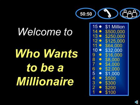 15 14 13 12 11 10 9 8 7 6 5 4 3 2 1 $1 Million $500,000 $250,000 $125,000 $64,000 $32,000 $16,000 $8,000 $4,000 $2,000 $1,000 $500 $300 $200 $100 Welcome.