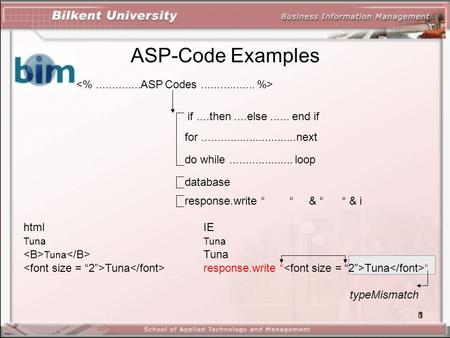 1 ASP-Code Examples if....then....else...... end if for..............................next do while.................... loop database response.write “ “