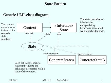 Fall 2009ACS - 3913 Ron McFadyen1 The context maintains an instance of a concrete state subclass State Pattern Each subclass (concrete state) implements.