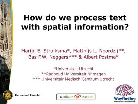 How do we process text with spatial information? Marijn E. Struiksma*, Matthijs L. Noordzij**, Bas F.W. Neggers*** & Albert Postma* *Universiteit Utrecht.