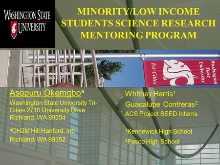 MINORITY/LOW INCOME STUDENTS SCIENCE RESEARCH MENTORING PROGRAM Asopuru Okemgbo a Washington State University Tri- Cities 2710 University Drive Richland,