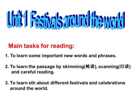 1.To learn some important new words and phrases. 2. To learn the passage by skimming( 略读 ), scanning( 扫读 ) and careful reading. 3. To learn sth about different.