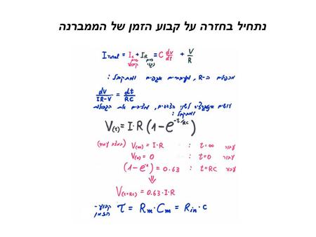 נתחיל בחזרה על קבוע הזמן של הממברנה. Membrane (2 : מבודד (גרוע ביחס לכבל). 1) Cytoplasm : מוליך (גרוע ביחס לכבל). Extracellular medium (3 : אנו מניחים.