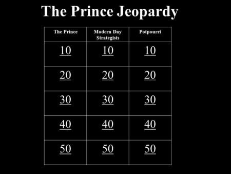 The Prince Jeopardy The PrinceModern Day Strategists Potpourri 10 20 30 40 50.