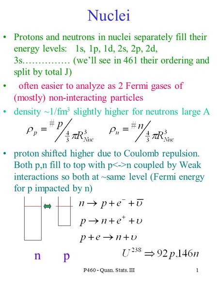 P460 - Quan. Stats. III1 Nuclei Protons and neutrons in nuclei separately fill their energy levels: 1s, 1p, 1d, 2s, 2p, 2d, 3s…………… (we’ll see in 461 their.