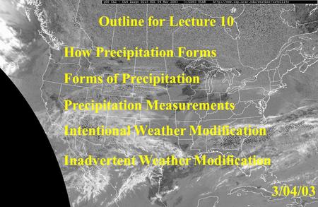 How Precipitation Forms Forms of Precipitation Precipitation Measurements Intentional Weather Modification Inadvertent Weather Modification 3/04/03 Outline.