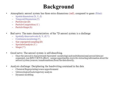 Background Atmospheric aerosol system has three extra dimensions (red), compared to gases (blue): –Spatial dimensions (X, Y, Z) –Temporal Dimensions (T)