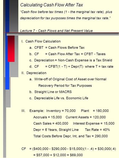 Calculating Cash Flow After Tax “Cash flow before tax times (1 - the marginal tax rate), plus depreciation for tax purposes times the marginal tax rate.”