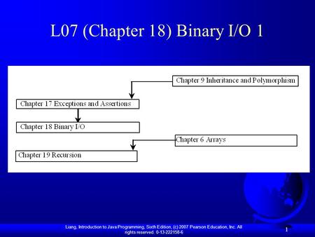 Liang, Introduction to Java Programming, Sixth Edition, (c) 2007 Pearson Education, Inc. All rights reserved. 0-13-222158-6 1 L07 (Chapter 18) Binary I/O.