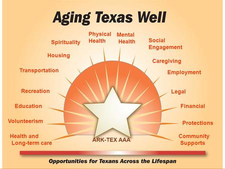 Health and Long-term care Volunteerism Recreation Education Spirituality Social Engagement Transportation Physical Health Mental Health Housing Caregiving.