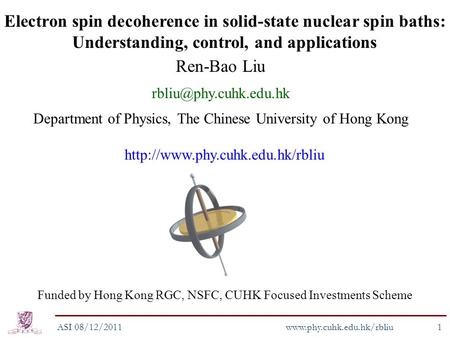 Electron spin decoherence in solid-state nuclear spin baths: Understanding, control, and applications Ren-Bao Liu Department of Physics,