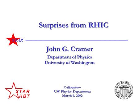 STAR Surprises from RHIC John G. Cramer Department of Physics University of Washington John G. Cramer Department of Physics University of Washington Colloquium.