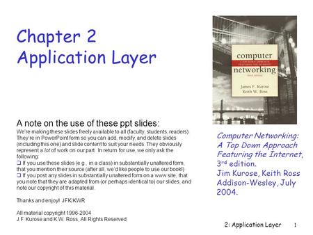 2: Application Layer1 Chapter 2 Application Layer Computer Networking: A Top Down Approach Featuring the Internet, 3 rd edition. Jim Kurose, Keith Ross.