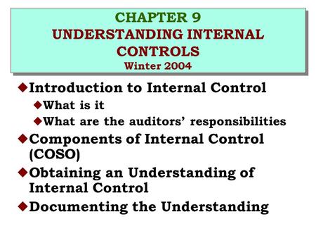 CHAPTER 9 UNDERSTANDING INTERNAL CONTROLS Winter 2004