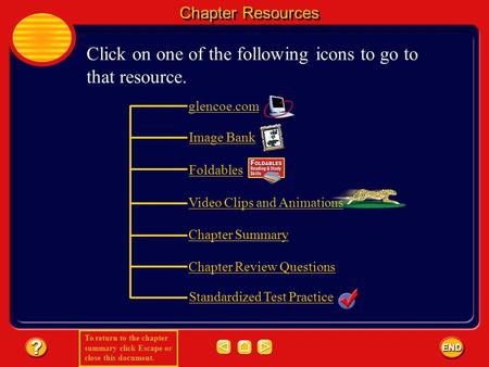 To return to the chapter summary click Escape or close this document. Chapter Resources Click on one of the following icons to go to that resource. glencoe.com.