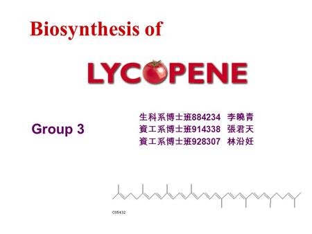 Biosynthesis of 生科系博士班 884234 李曉青 資工系博士班 914338 張君天 資工系博士班 928307 林沿妊 Group 3.