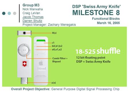 Group M3 Nick Marwaha Craig LeVan Jacob Thomas Darren Shultz Project Manager: Zachary Menegakis March 16, 2005 MILESTONE 8 Functional Blocks DSP 'Swiss.