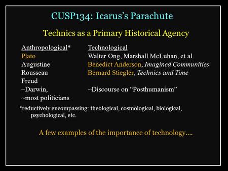 CUSP134: Icarus’s Parachute Technics as a Primary Historical Agency *reductively encompassing: theological, cosmological, biological, psychological, etc.