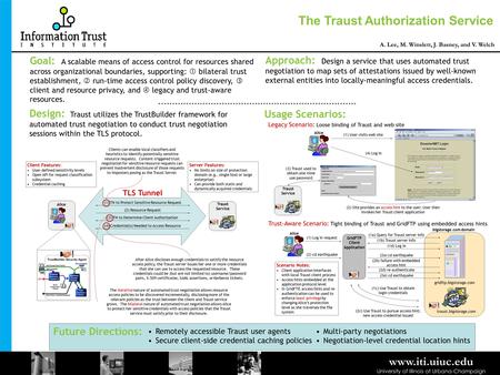 The Traust Authorization Service A. Lee, M. Winslett, J. Basney, and V. Welch University of Illinois at Urbana-Champaign www.iti.uiuc.edu Goal: A scalable.