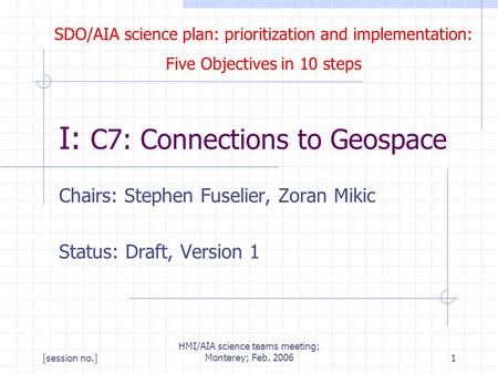 SDO/AIA science plan: prioritization and implementation: Five Objectives in 10 steps [session no.] HMI/AIA science teams meeting; Monterey; Feb. 20061.