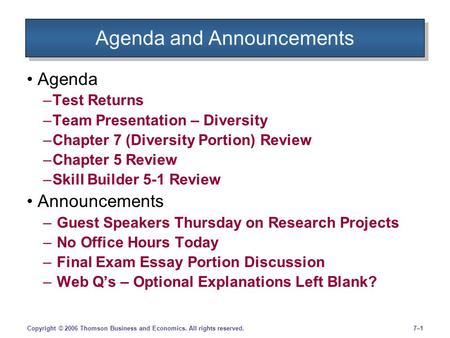 7–17–1Copyright © 2006 Thomson Business and Economics. All rights reserved. Agenda and Announcements Agenda –Test Returns –Team Presentation – Diversity.