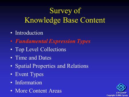 Copyright © 2002 Cycorp Introduction Fundamental Expression Types Top Level Collections Time and Dates Spatial Properties and Relations Event Types Information.