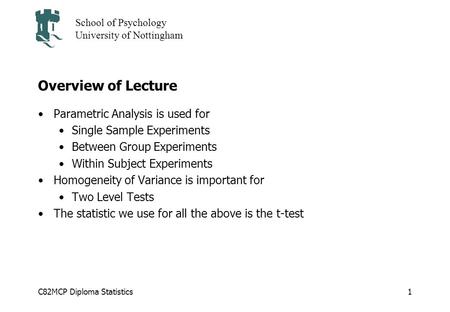 Overview of Lecture Parametric Analysis is used for