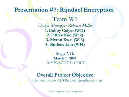 Team W1 Design Manager: Rebecca Miller 1. Bobby Colyer (W11) 2. Jeffrey Kuo (W12) 3. Myron Kwai (W13) 4. Shirlene Lim (W14) Stage VII: March 1 st 2004.