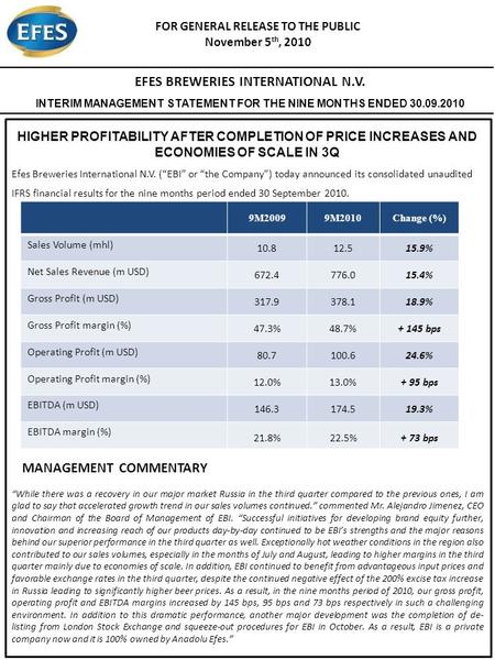 FOR GENERAL RELEASE TO THE PUBLIC November 5 th, 2010 Efes Breweries International N.V. (“EBI” or “the Company”) today announced its consolidated unaudited.