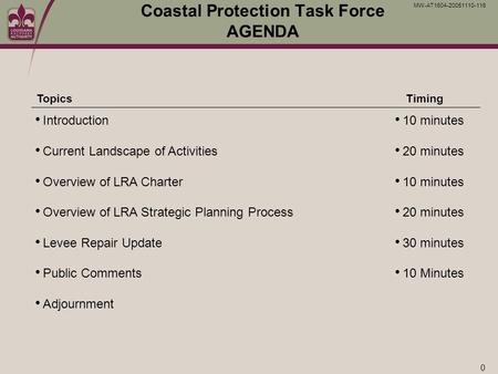 0 MW-AT1604-20051110-116 Coastal Protection Task Force AGENDA TimingTopics Introduction Current Landscape of Activities Overview of LRA Charter Overview.