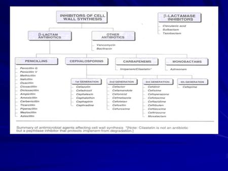 Cephalosporins B-Lactam antibiotics ( similar to penicillins) Broad spectrum Act by inhibition of cell wall synthesis Bactericidal Inactive against :