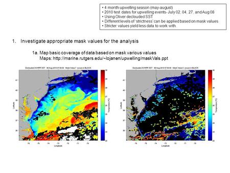 4 month upwelling season (may-august) 2010 test dates for upwelling events- July 02, 04, 27, and Aug 08 Using Oliver declouded SST Different levels of.